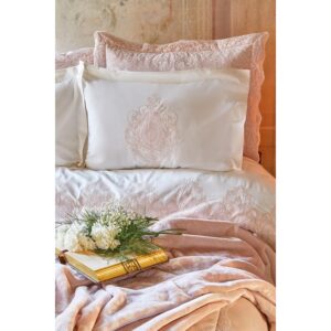 Набор постельное белье с покрывалом + плед Karaca Home – Desire pudra 2020-1 пудра евро (10)